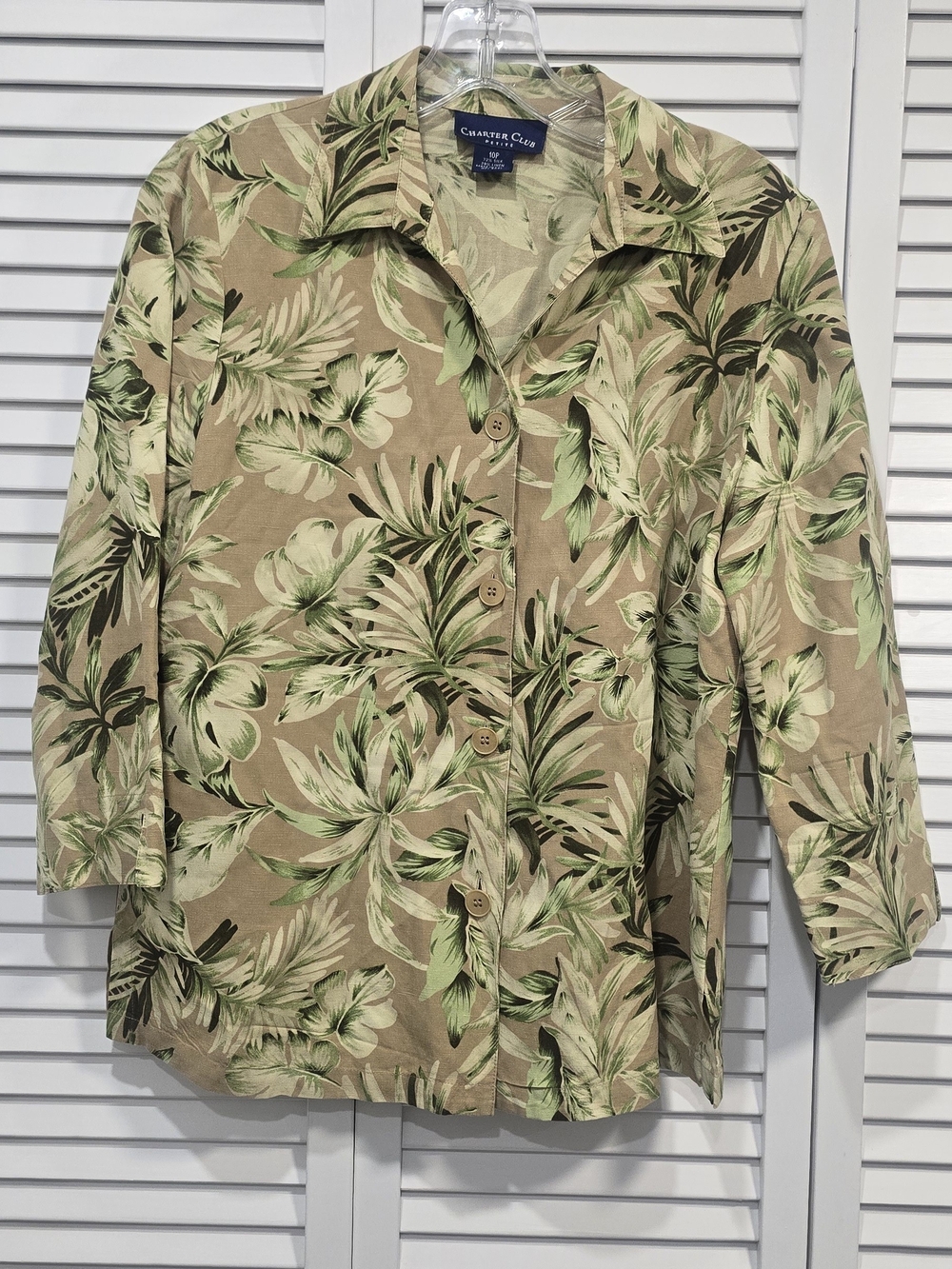Charter Club Tan Tropical Leaf Button-Front Shirt